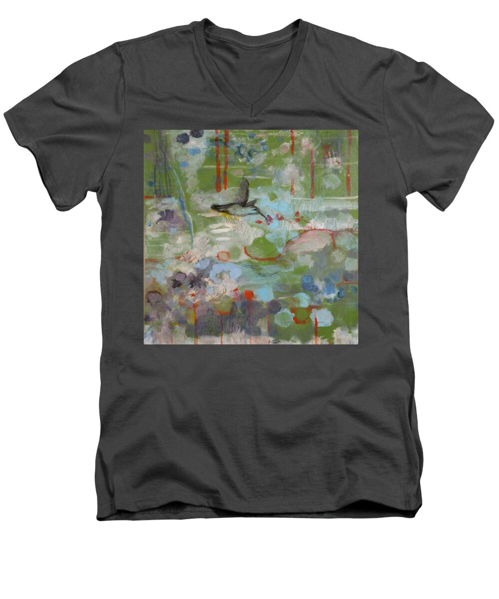 Hummingbird Men's V-Neck T-Shirt featuring the painting Hummingbird Garden by Janet Zoya