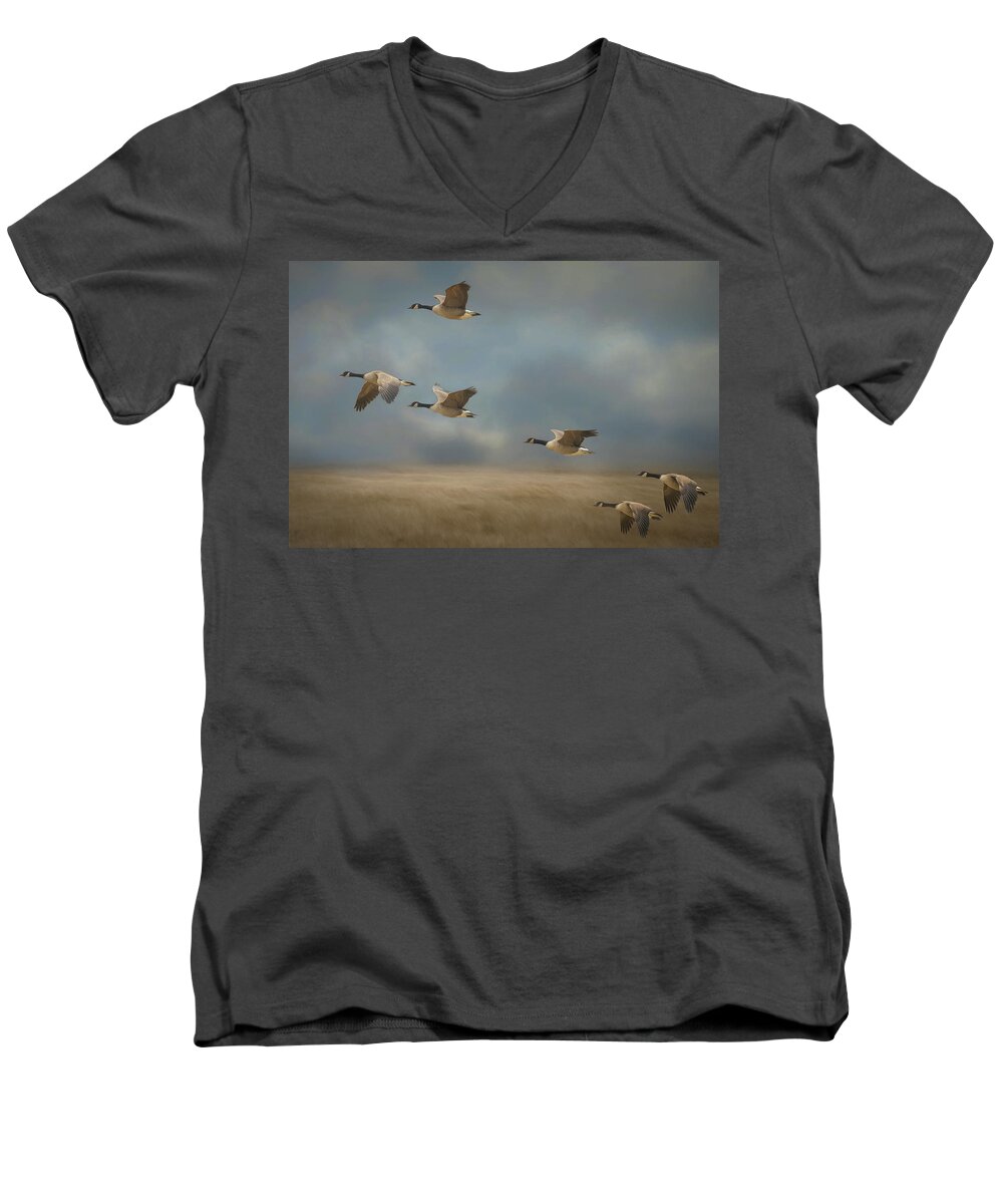 Geese Men's V-Neck T-Shirt featuring the photograph Geese, Coming in for a Landing by Cindy Lark Hartman