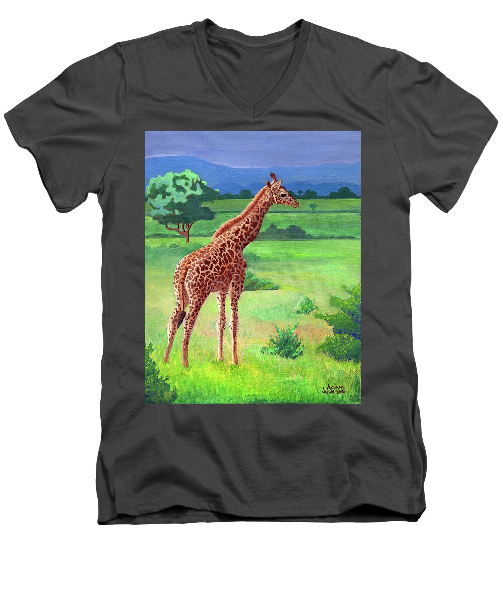 Giraffe Men's V-Neck T-Shirt featuring the painting Giraffe by Adam Johnson