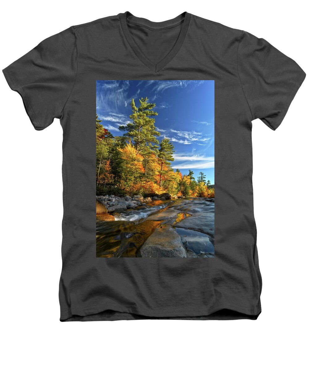 Fall Foliage Nh Men's V-Neck T-Shirt featuring the photograph Golden Autumn Light NH by Michael Hubley