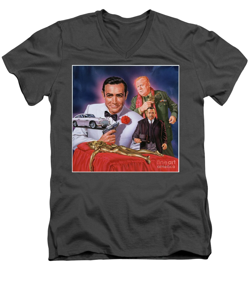 James Bond Men's V-Neck T-Shirt featuring the painting Goldfinger by Dick Bobnick