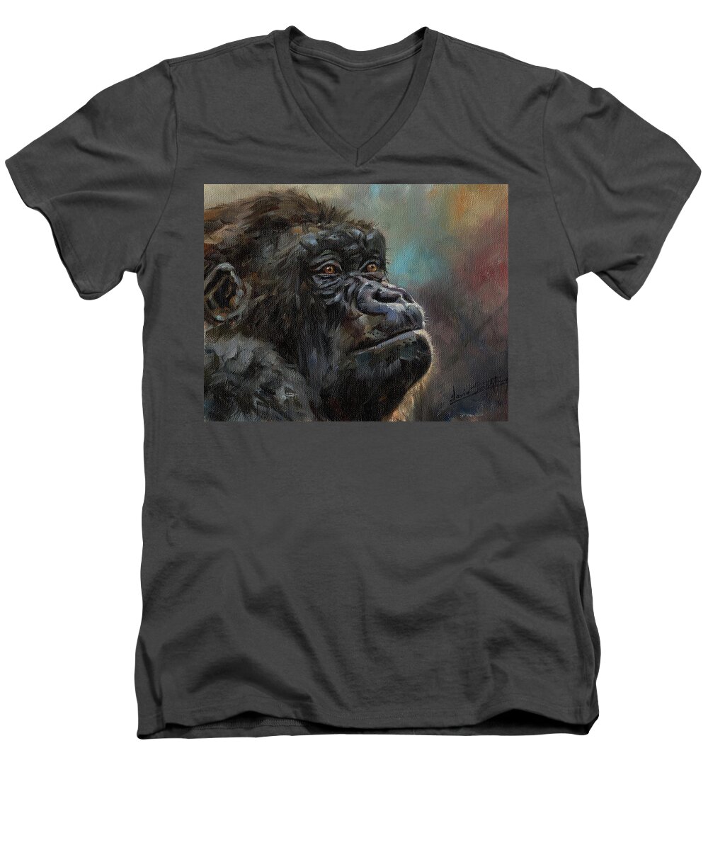 Gorilla Men's V-Neck T-Shirt featuring the painting Gorilla Portrait by David Stribbling