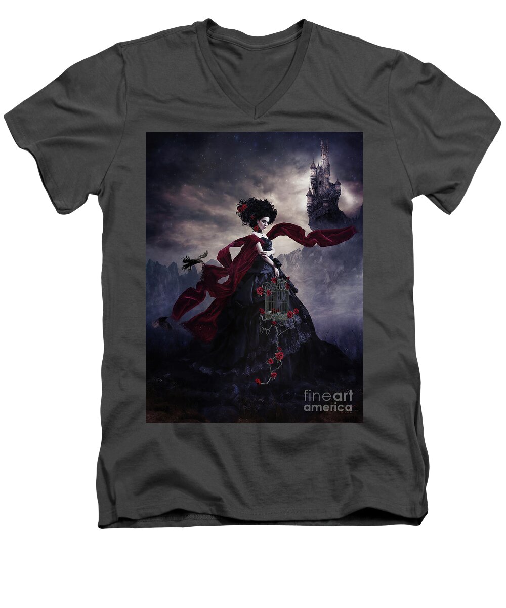 Gothic Bride Men's V-Neck T-Shirt featuring the mixed media Gothic Bride by Shanina Conway
