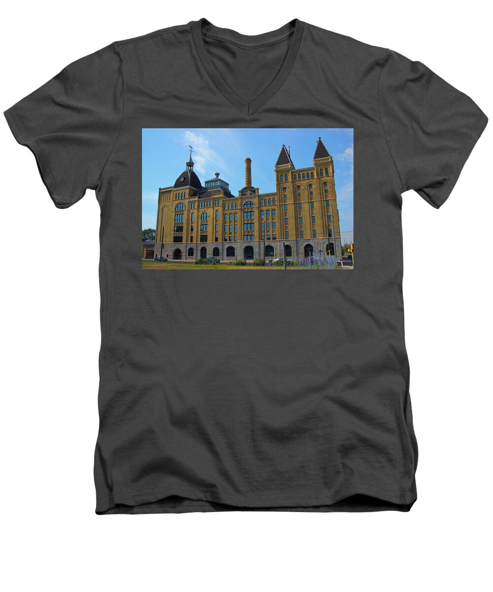 In Focus Men's V-Neck T-Shirt featuring the photograph Grain Belt Brewery by Nancy Dunivin