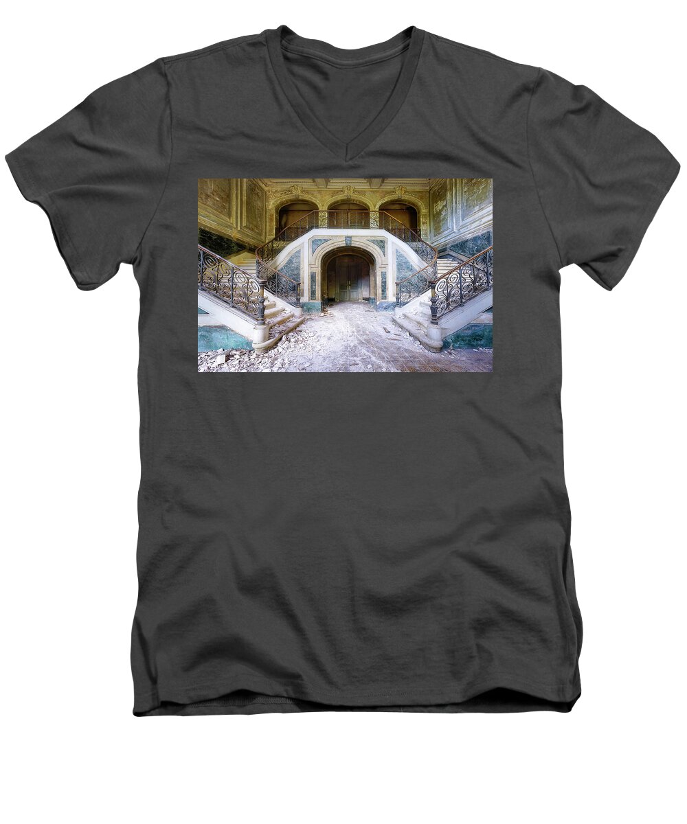 Urban Men's V-Neck T-Shirt featuring the photograph Green Staircase with Marble by Roman Robroek