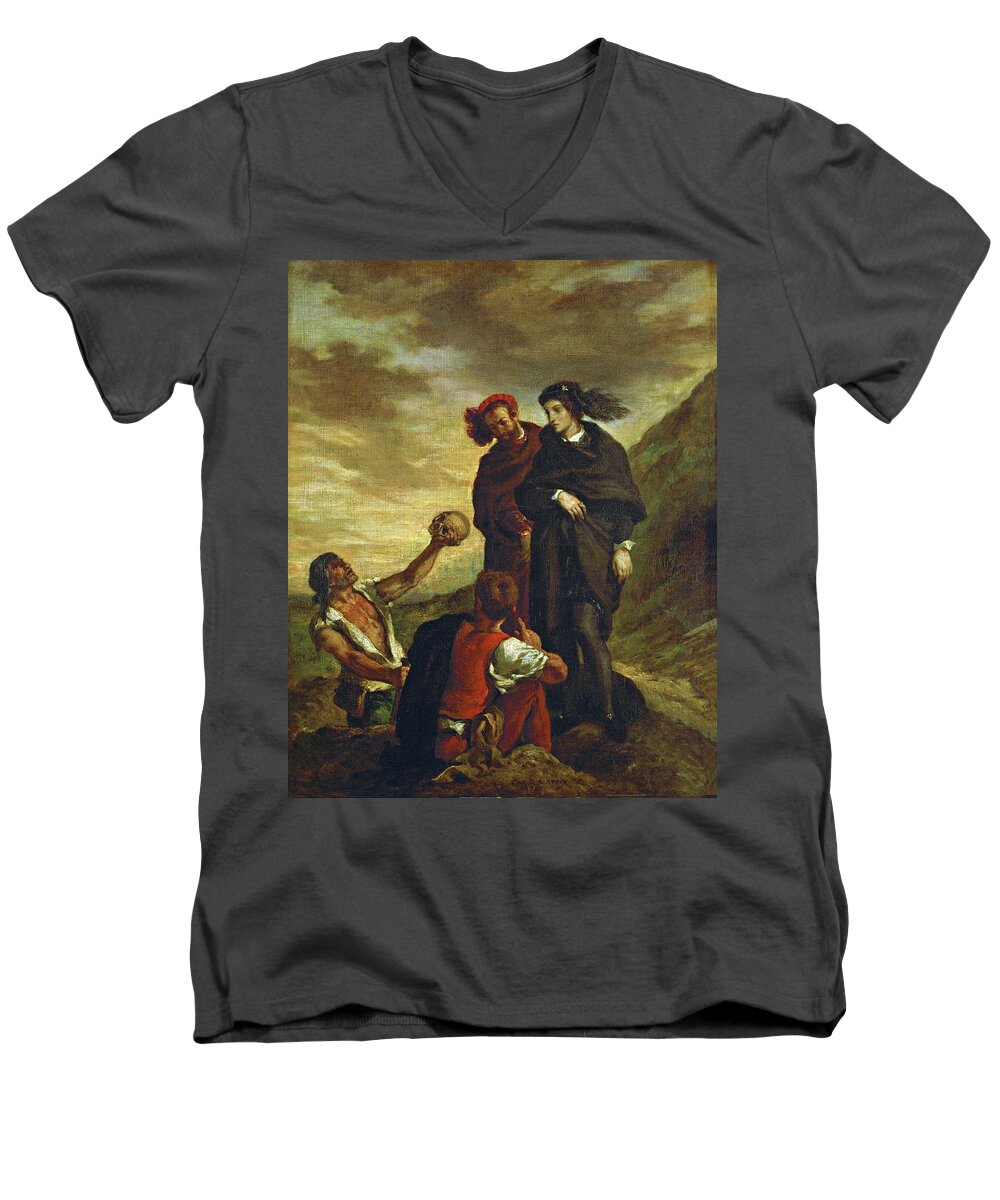 Eugene Delacroix Men's V-Neck T-Shirt featuring the painting 'Hamlet and Horatio in the Graveyard', 1839, Oil on canvas, 81 x 65 cm. by Eugene Delacroix -1798-1863-