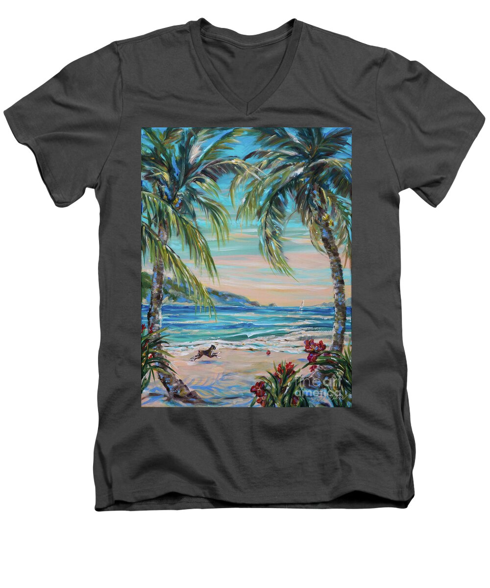 Ocean Men's V-Neck T-Shirt featuring the painting Happy Dog by Linda Olsen