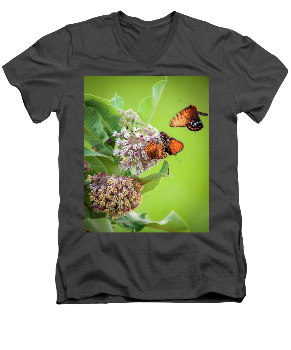 Chase County Men's V-Neck T-Shirt featuring the photograph Head Over Heals for Milkweed by Jeff Phillippi