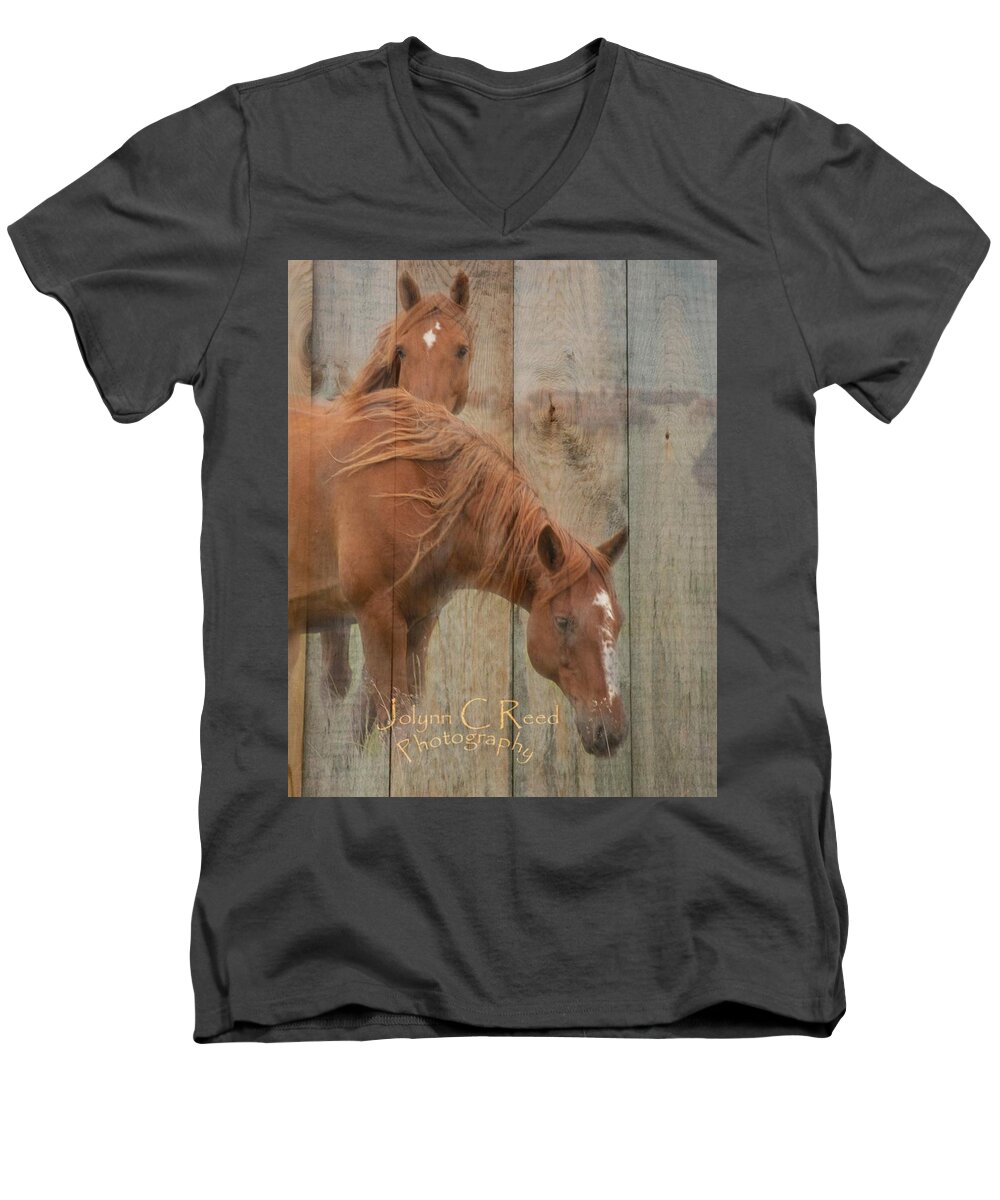  Men's V-Neck T-Shirt featuring the photograph Horses on Wood by Jolynn Reed