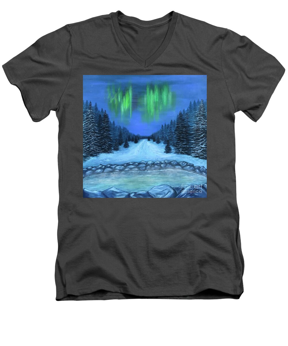 Aurora Men's V-Neck T-Shirt featuring the painting Hot Springs and Aurora Borealis by Aicy Karbstein
