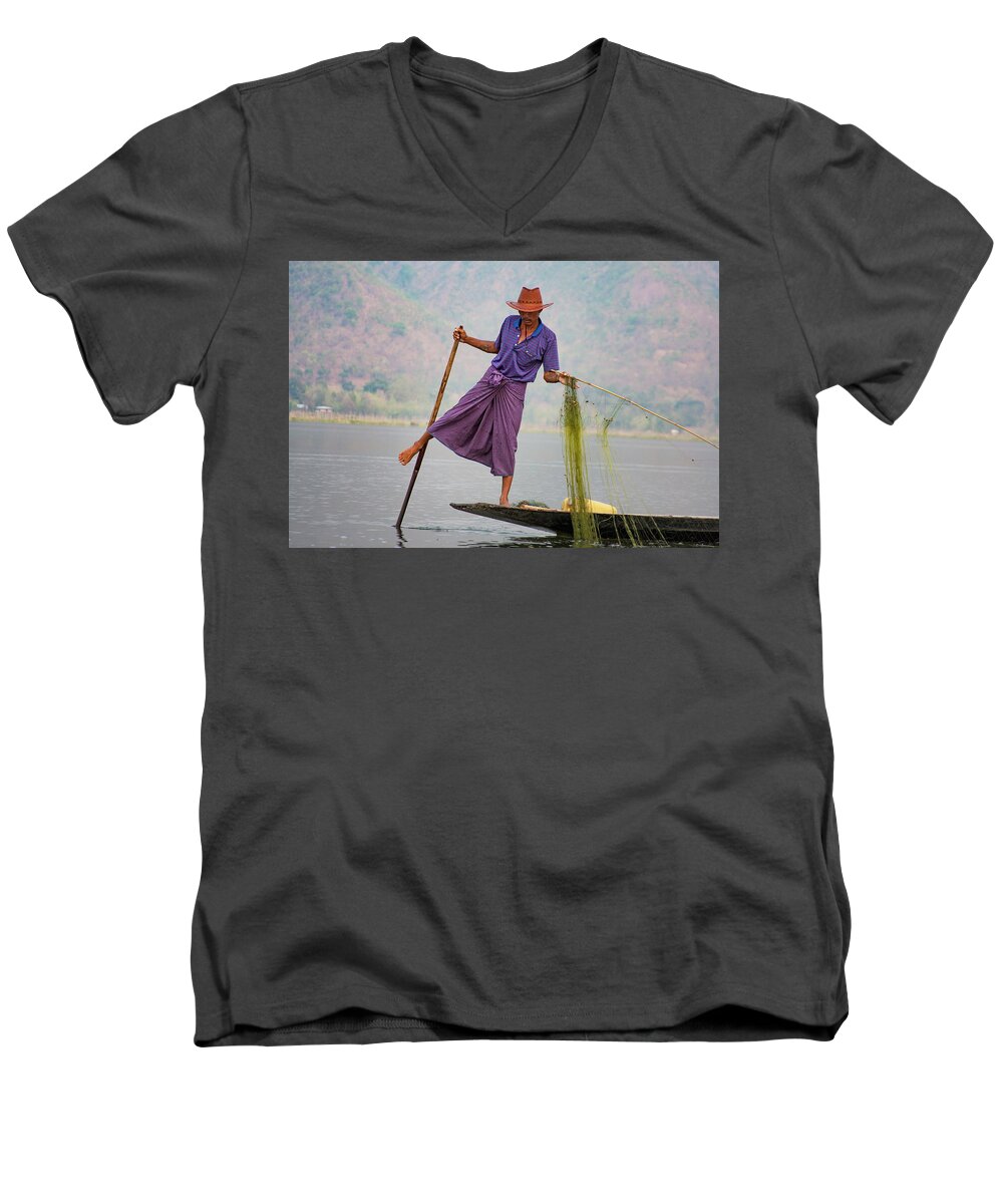 Portrait Men's V-Neck T-Shirt featuring the photograph Inle Lake's Fishermen 1 by Mache Del Campo