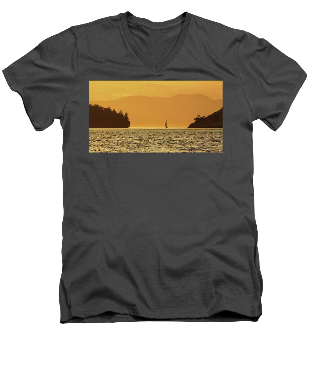 Golden Men's V-Neck T-Shirt featuring the photograph Into the Sunset by Fred Bailey