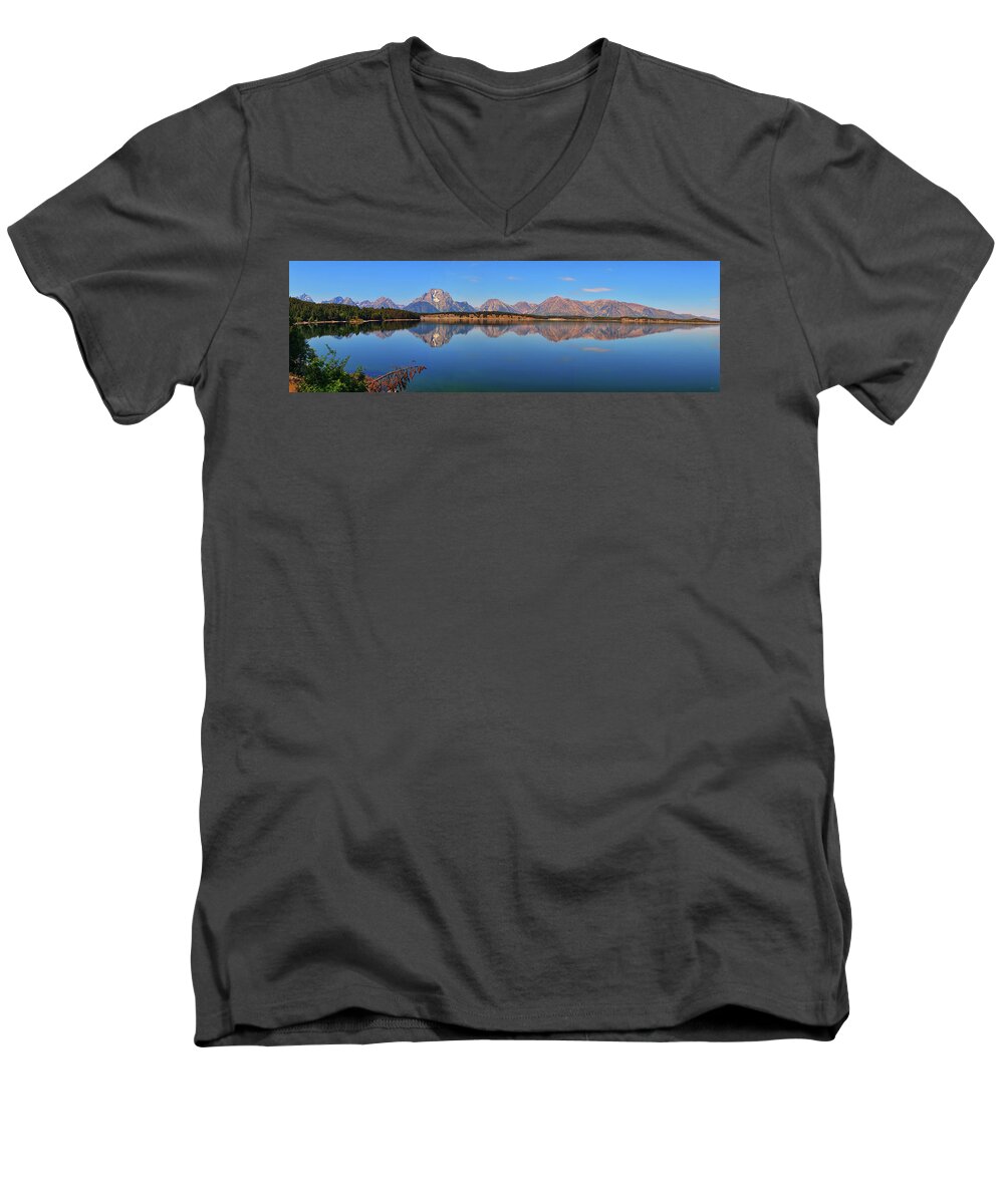 Jackson Lake Men's V-Neck T-Shirt featuring the photograph Jackson Lake Panoramic Morning Reflections by Greg Norrell