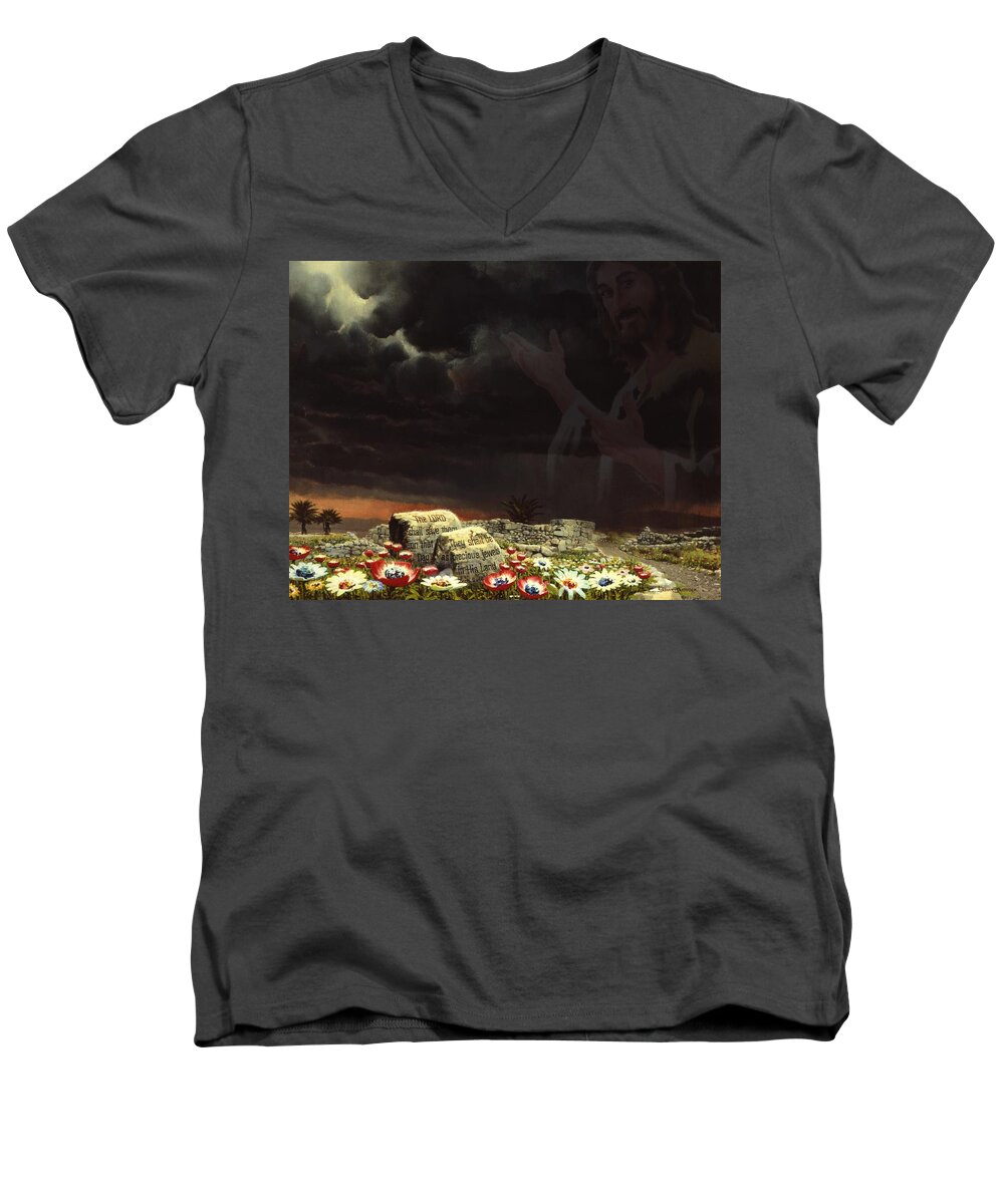 Friend Men's V-Neck T-Shirt featuring the painting Jesus and His Jewels by Graham Braddock