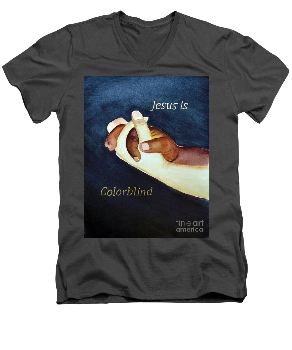 Colorblind Men's V-Neck T-Shirt featuring the painting Jesus is Colorblind by Allison Ashton
