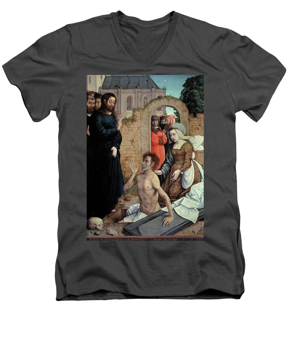 Juan De Flandes Men's V-Neck T-Shirt featuring the painting Juan de Flandes / 'The Resurrection of Lazarus', 1514-1519, Spanish-Flemish School, Oil on panel. by Juan de Flandes -c 1460-c 1519-