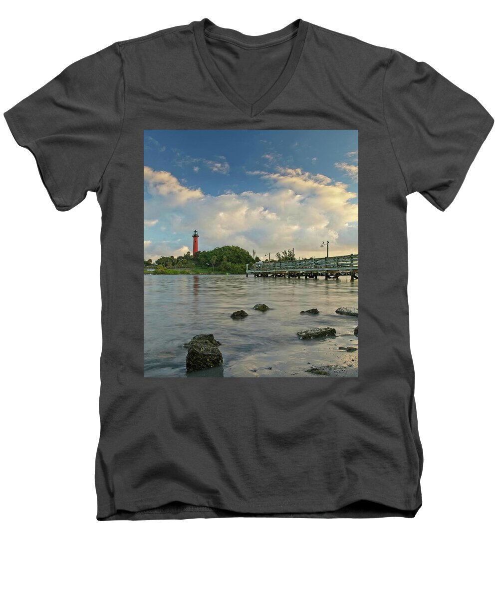 Lighthouse Men's V-Neck T-Shirt featuring the photograph Jupiter Lighthouse by Steve DaPonte