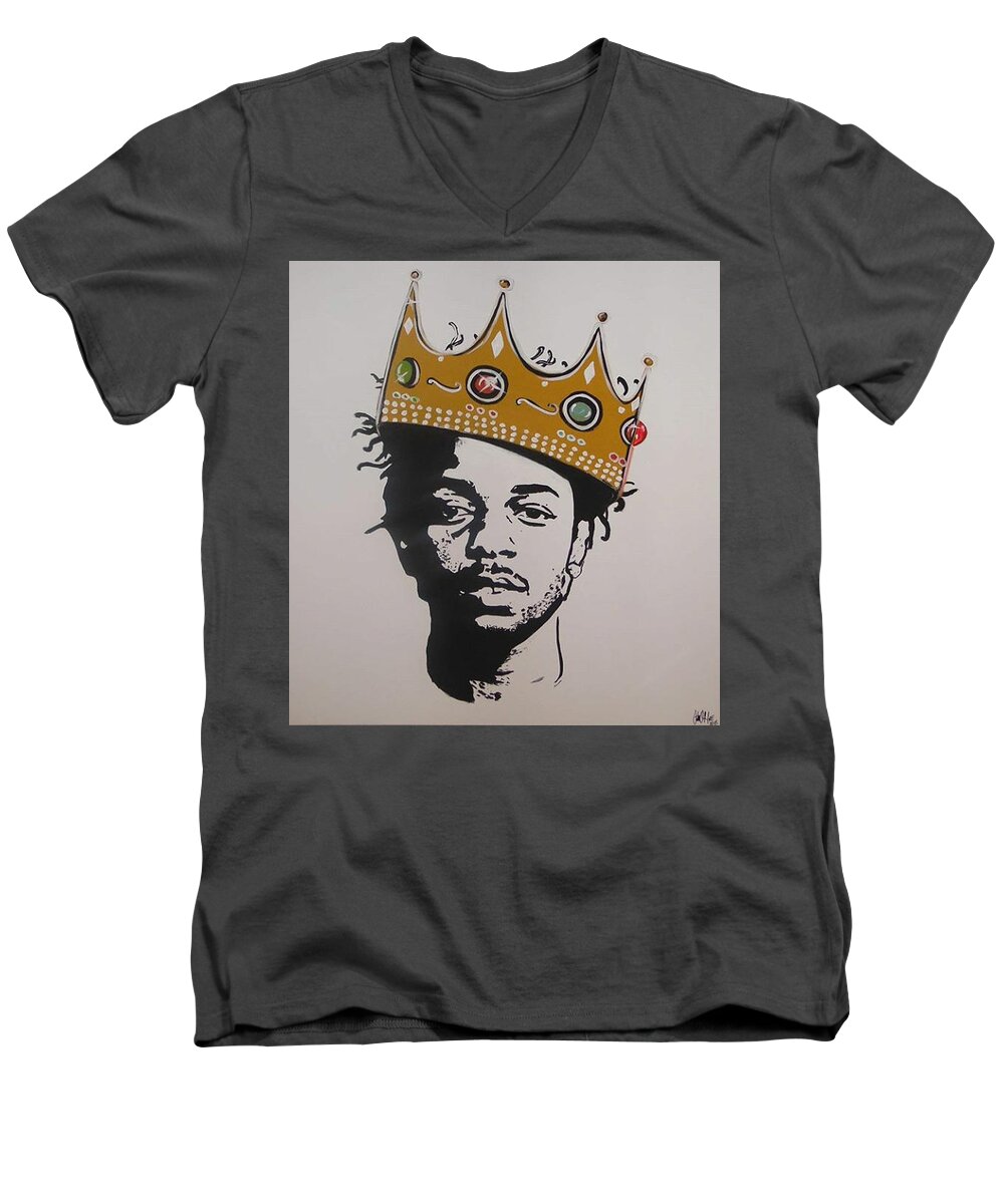 Kendrick Lamar Men's V-Neck T-Shirt featuring the painting Kendrick the King by Antonio Moore