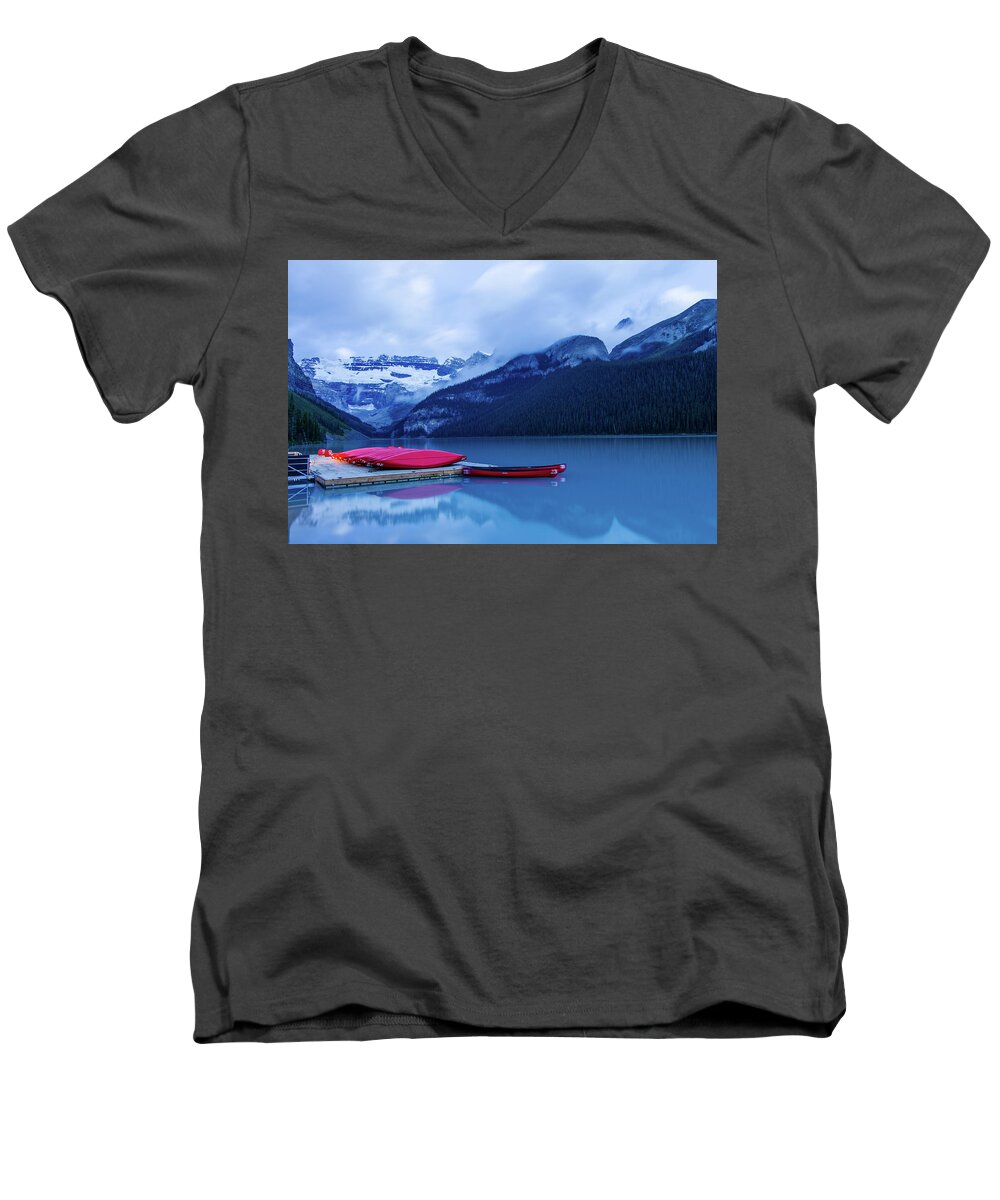 Outdoor; Water; Lake; Emerald; Lake Louise; Boat; Mt Victoria; Sunrise; Banff; Banff National Park; Canada Men's V-Neck T-Shirt featuring the digital art Lake Louise by Michael Lee