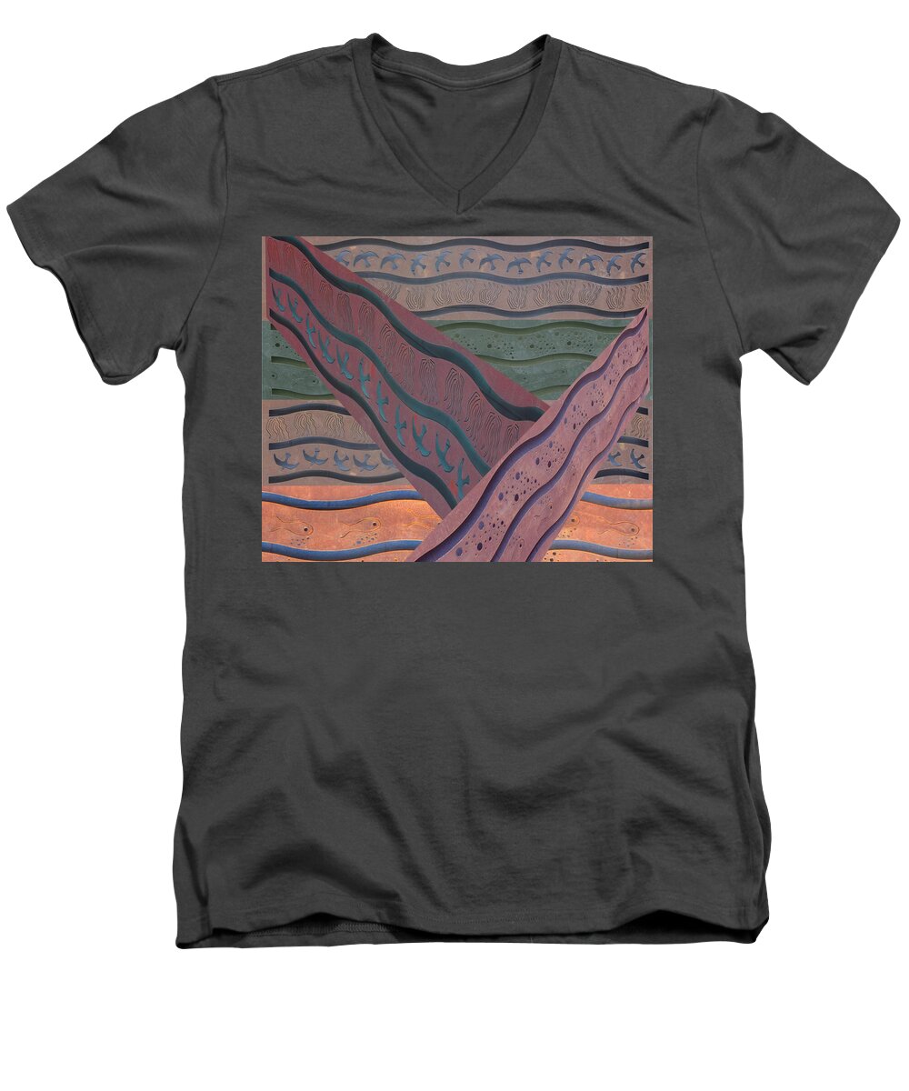 Industrial Abstract Metal Design Men's V-Neck T-Shirt featuring the digital art Lake Pat Sign Collage by Joan Stratton