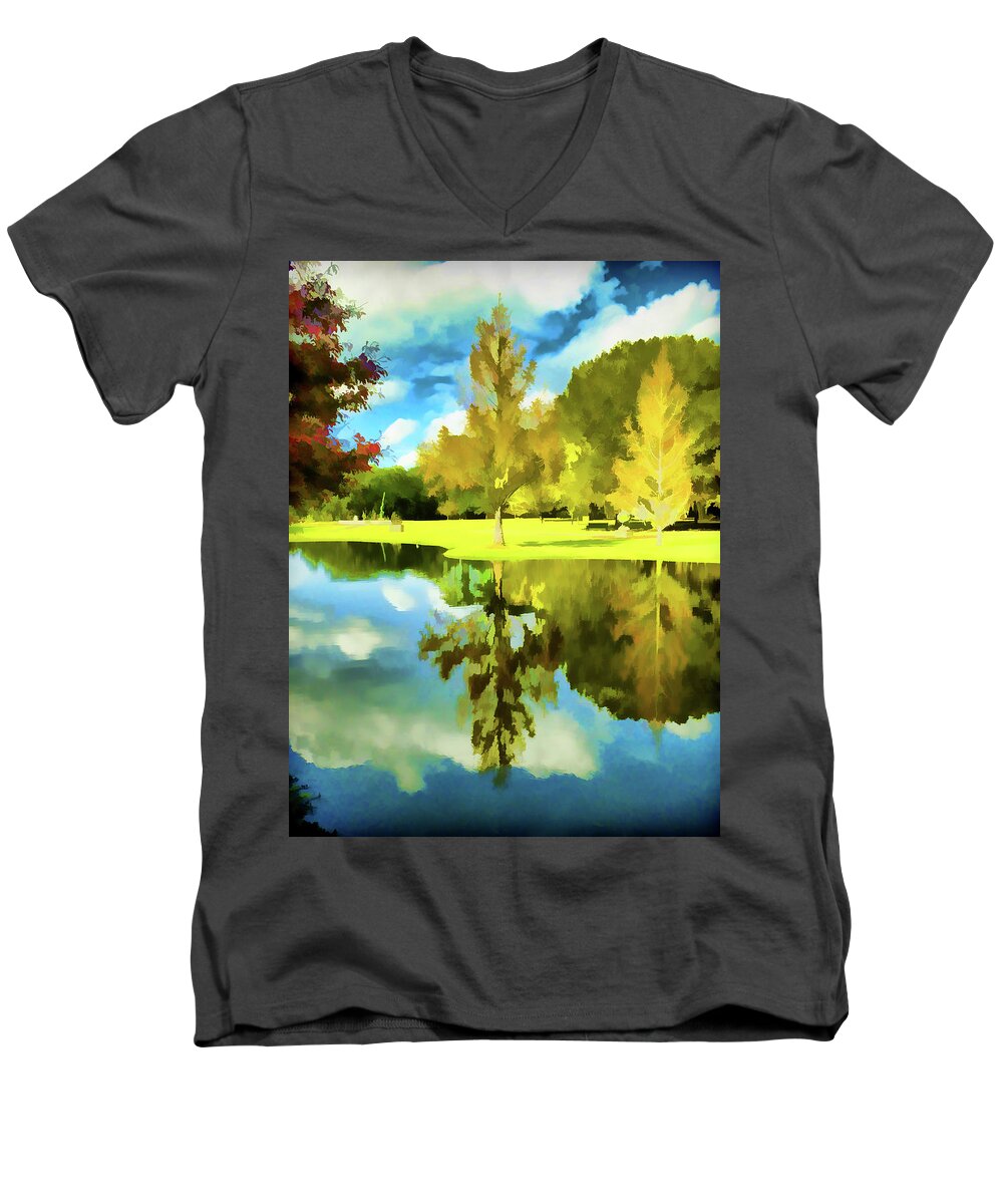 Lake Men's V-Neck T-Shirt featuring the photograph Lake Reflection - Faux Painted by Bill Barber