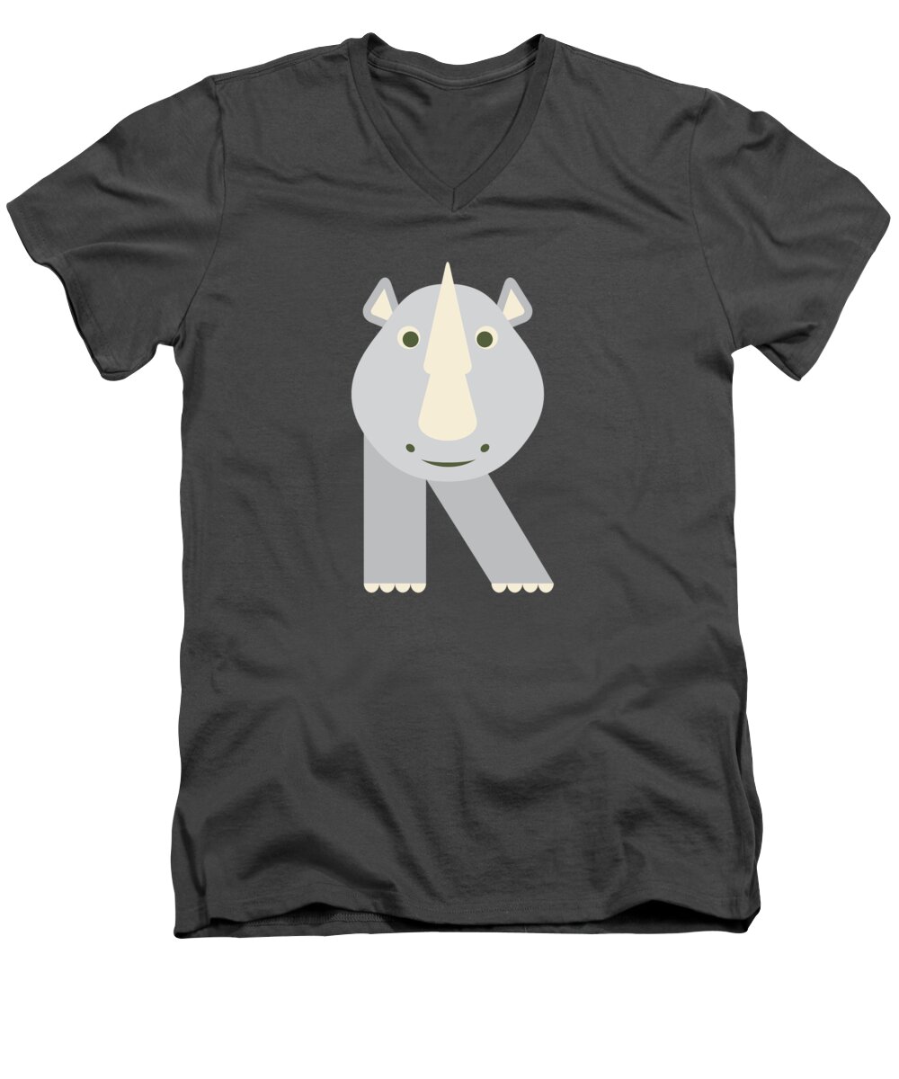 Animal Alphabet Men's V-Neck T-Shirt featuring the digital art Letter R - Animal Alphabet - Rhino Monogram by Jen Montgomery