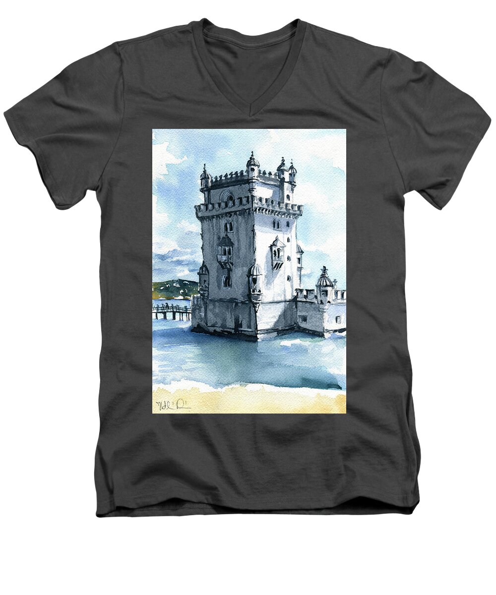 Portugal Men's V-Neck T-Shirt featuring the painting Lisbon Torre De Belem In Portugal by Dora Hathazi Mendes
