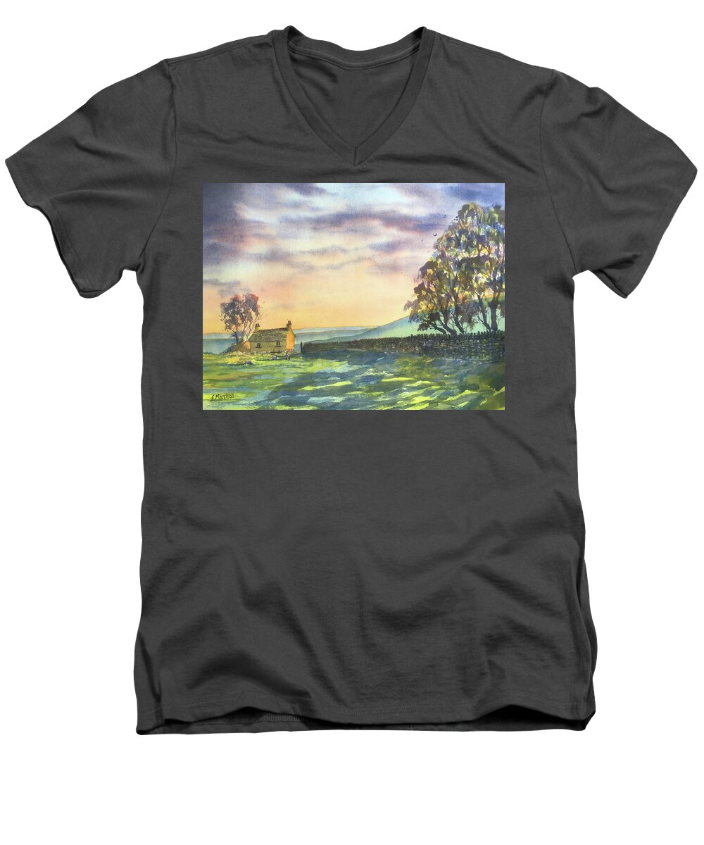Watercolour Men's V-Neck T-Shirt featuring the painting Long Shadows at Sunset by Glenn Marshall