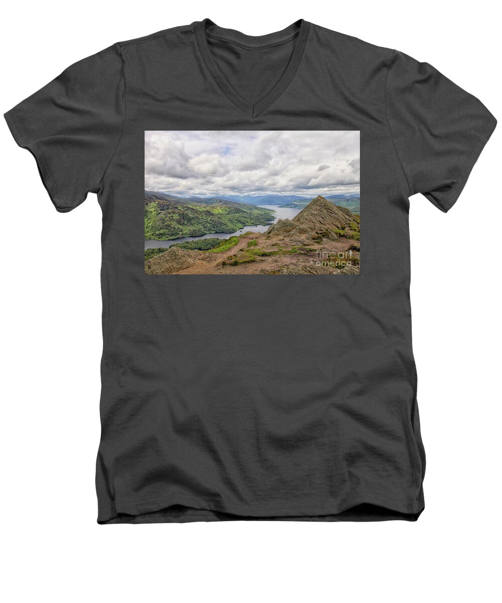 Aan Men's V-Neck T-Shirt featuring the photograph Looking down on Loch Katrine from the summit of Ben A'an. Scotla by Patricia Hofmeester