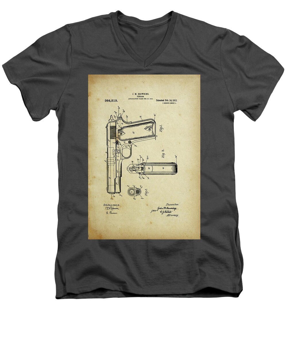 Firearm Men's V-Neck T-Shirt featuring the digital art M1911 Browning Pistol Patent by Pheasant Run Gallery