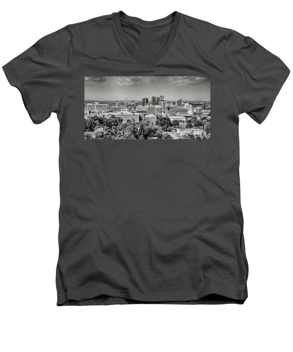 Alabama Men's V-Neck T-Shirt featuring the photograph Magic City Skyline BW by Ken Johnson