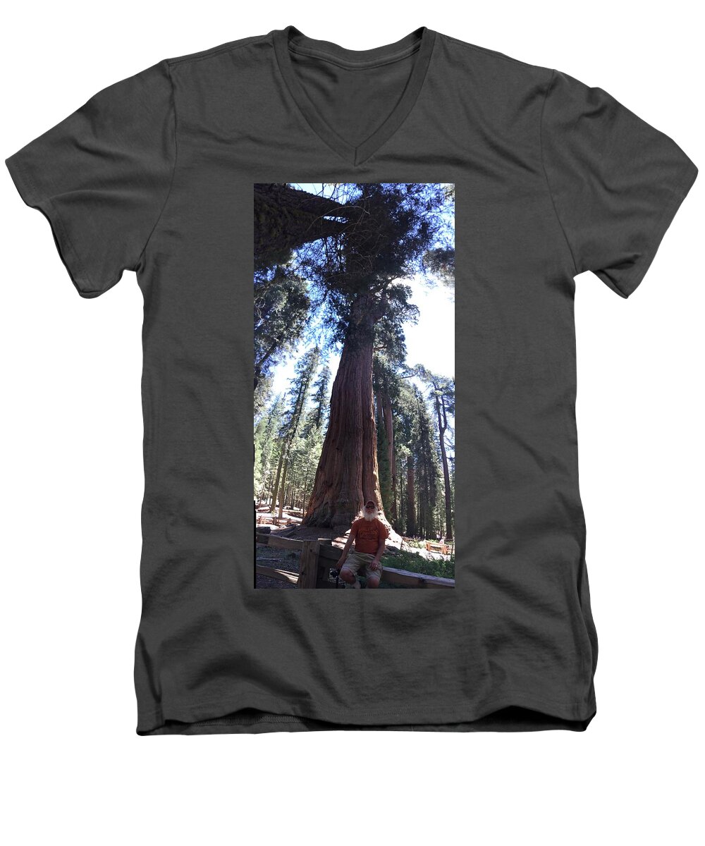 Sequoia Trees California Nature Landscape Men's V-Neck T-Shirt featuring the photograph Man And The Giant by Will Burlingham