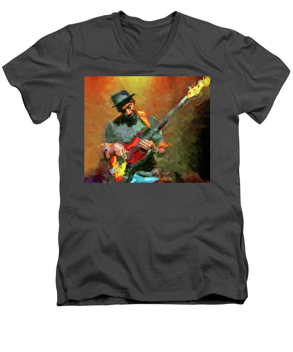 Marcus Miller Men's V-Neck T-Shirt featuring the mixed media Marcus Miller Musician by Mal Bray