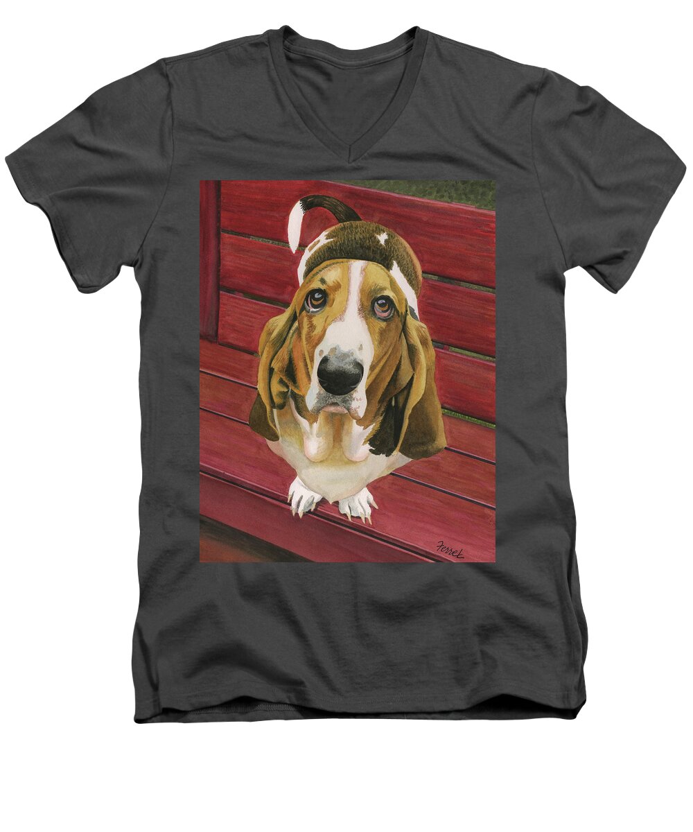Basset Hound Men's V-Neck T-Shirt featuring the painting Marty by Ferrel Cordle