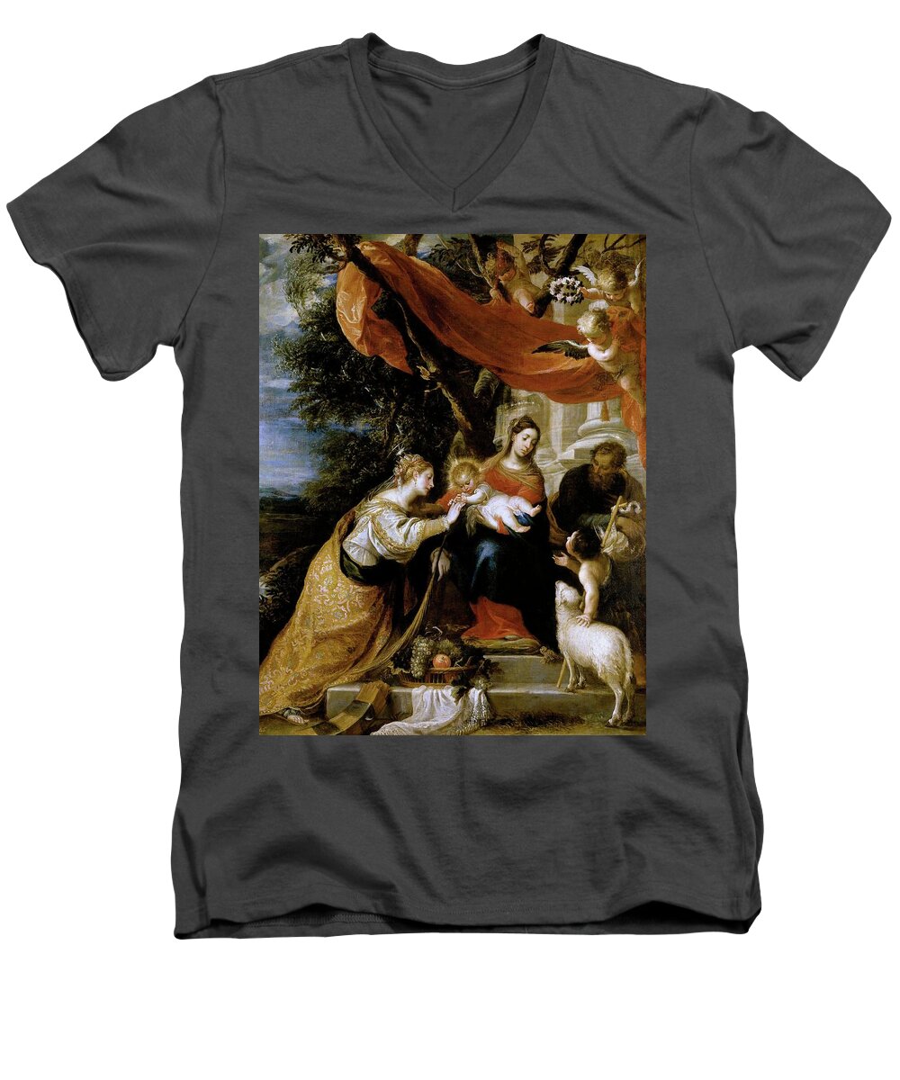 Mateo Cerezo Men's V-Neck T-Shirt featuring the painting Mateo Cerezo / 'The Mystic Marriage of Saint Catherine', 1660, Spanish School. CHILD JESUS. by Mateo Cerezo -1637-1666-