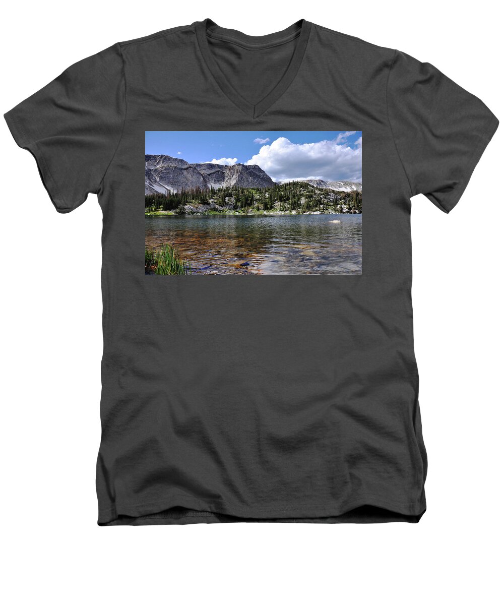 Wyoming Men's V-Neck T-Shirt featuring the photograph Medicine Bow Peak and Mirror Lake by Chance Kafka