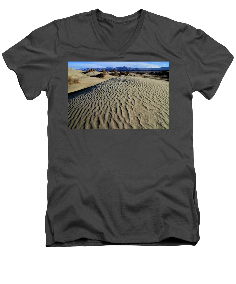 Death Valley National Park Men's V-Neck T-Shirt featuring the photograph Mesquite Flat Sand Dunes Grapevine Mountains by Ed Riche