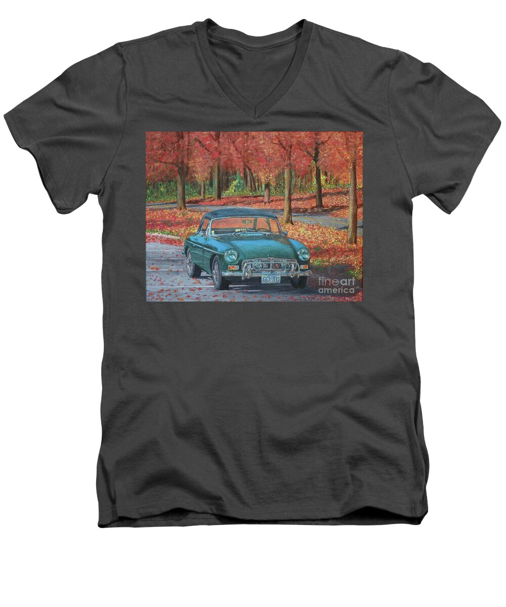 Mg Men's V-Neck T-Shirt featuring the painting MGB in Autumn by Aicy Karbstein