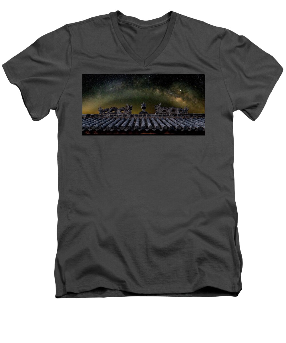 Landscape Men's V-Neck T-Shirt featuring the photograph Milky Way Arch over Chinese Temple Roof by William Dickman