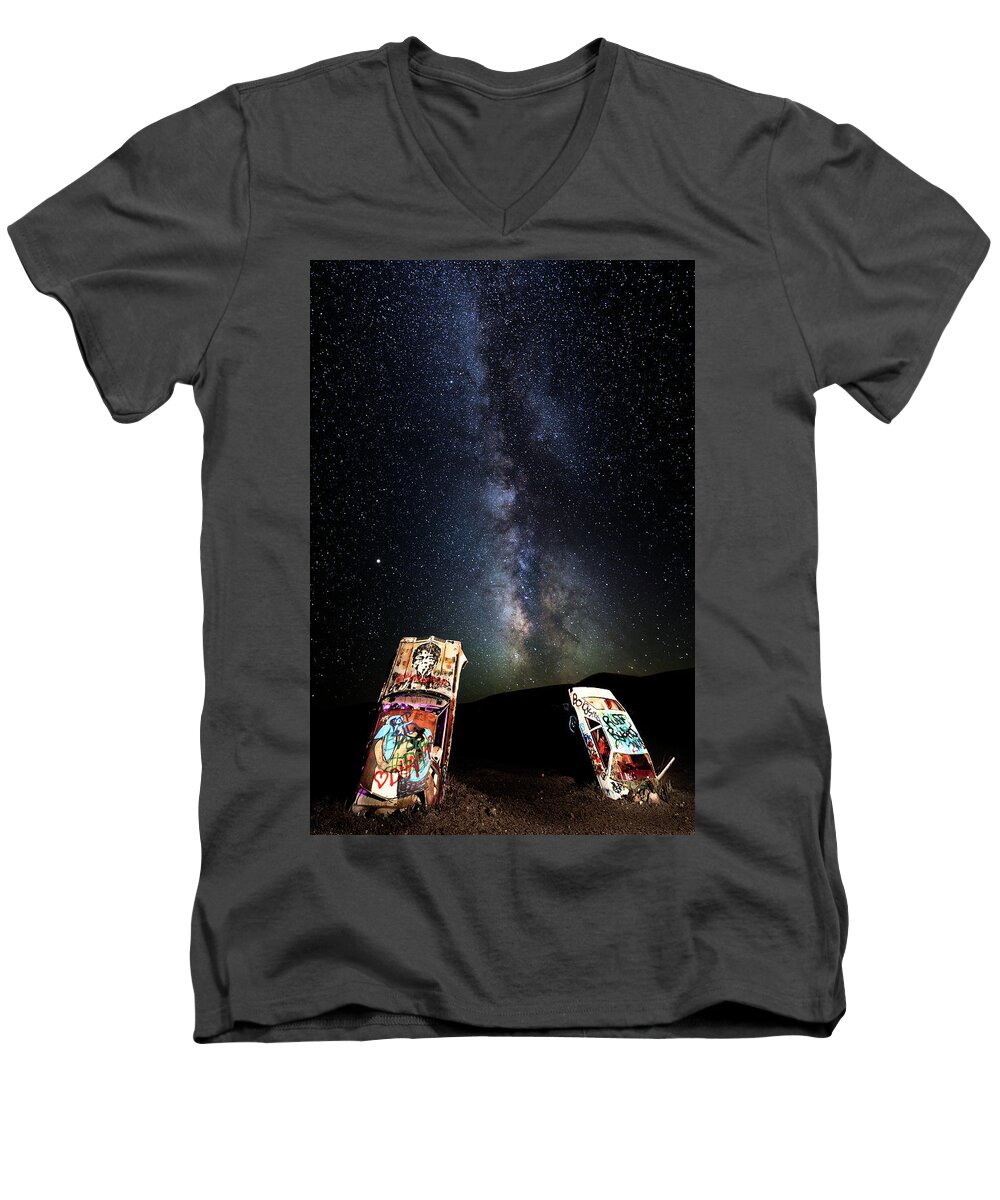 2018 Men's V-Neck T-Shirt featuring the photograph Milky Way Over Mojave Desert Graffiti 1 by James Sage