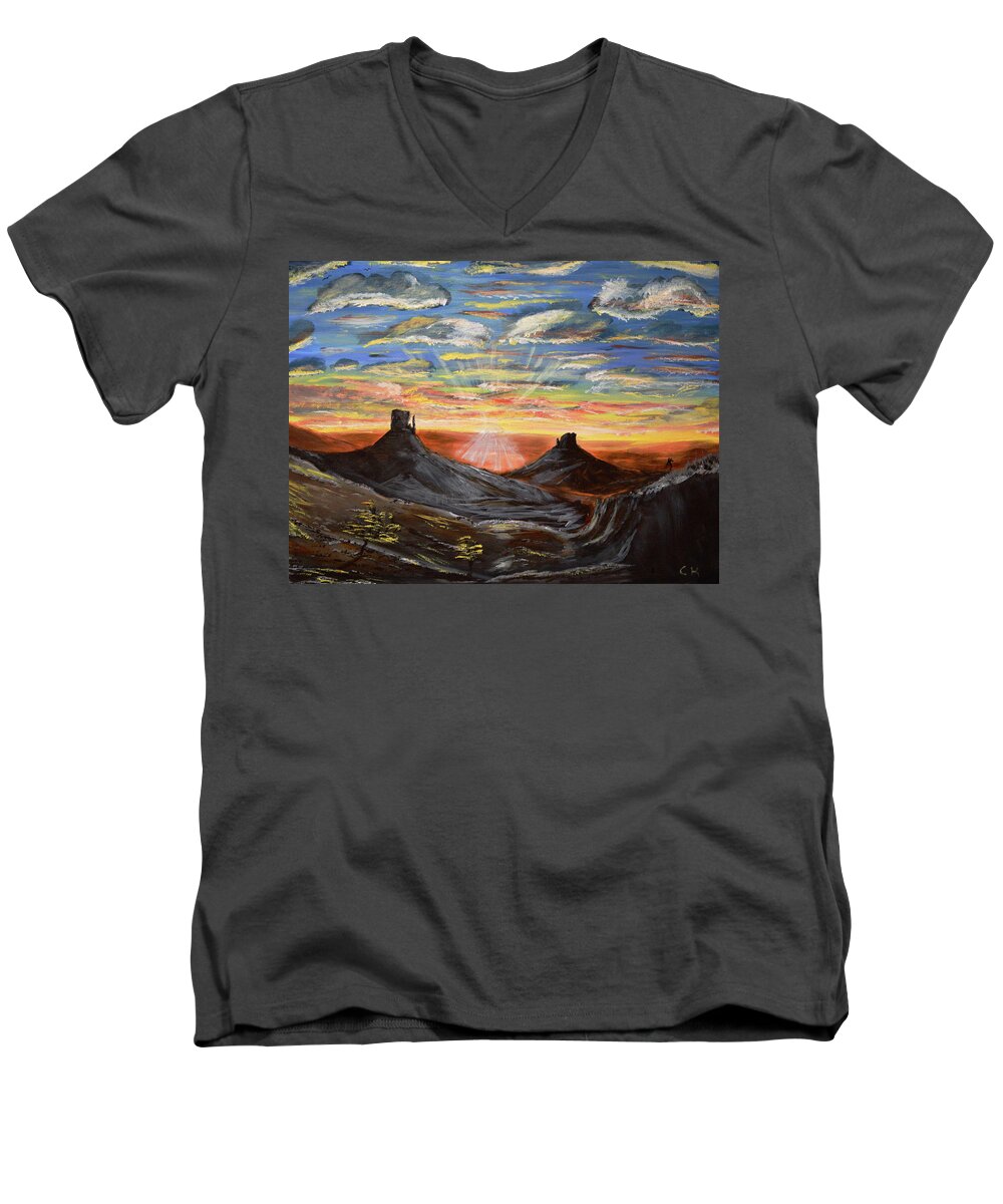 Monument Valley Men's V-Neck T-Shirt featuring the painting Monument Valley and Kokopelli by Chance Kafka