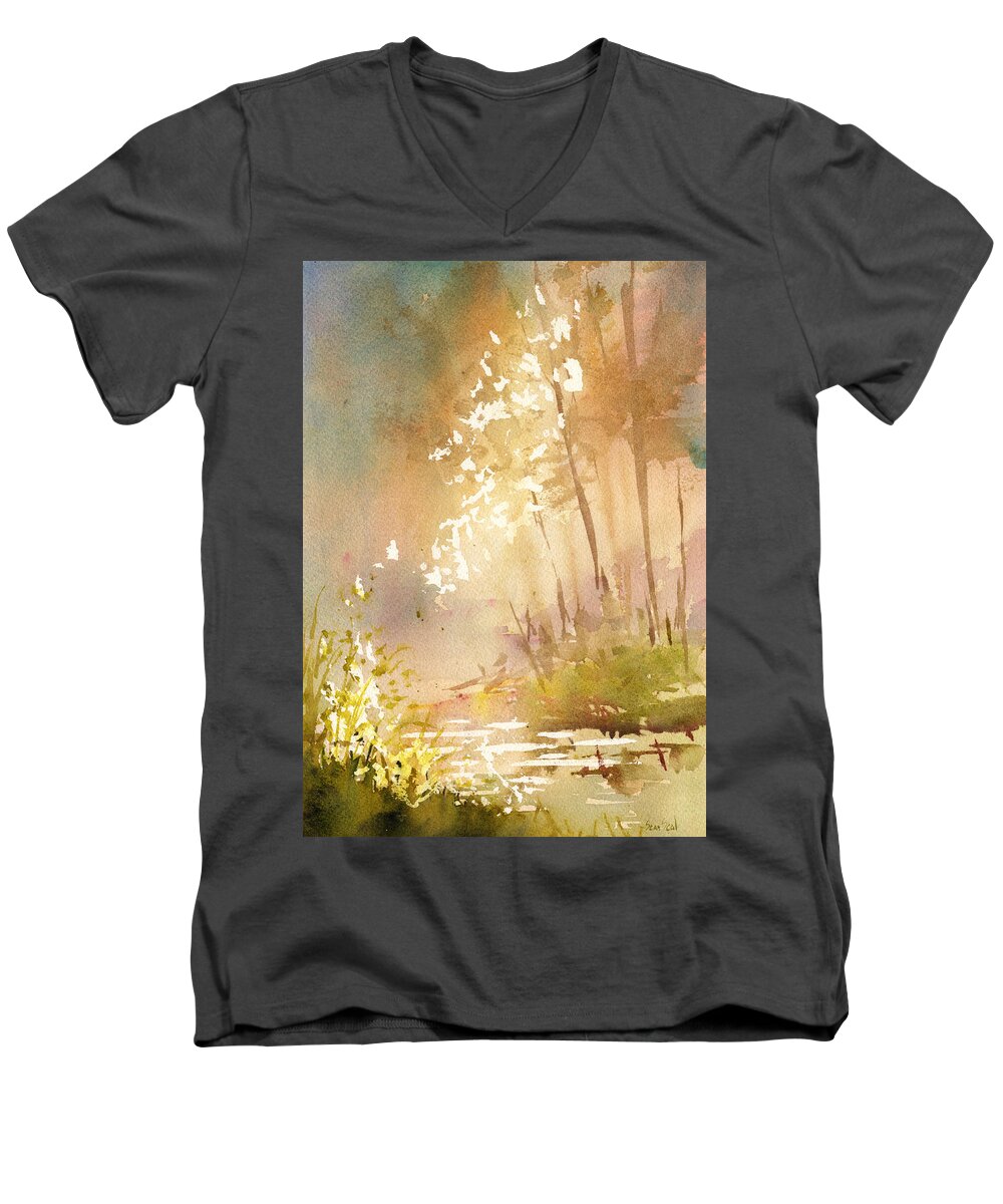 Dawn Men's V-Neck T-Shirt featuring the painting Morning Stream by Sean Seal