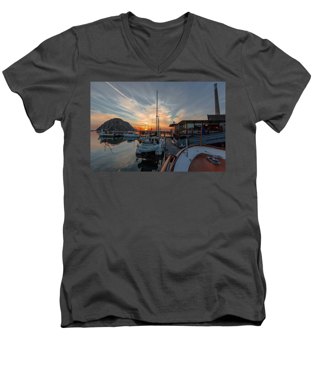 Morro Bay Men's V-Neck T-Shirt featuring the photograph Morro Bay Sunset by Mike Long