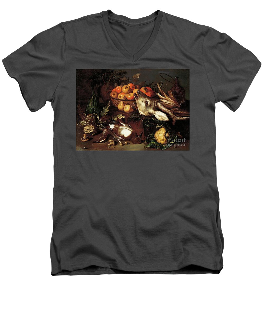 Mushrooms Men's V-Neck T-Shirt featuring the painting Mushrooms, artichokes, a basket of apples and a cabbage with dead game on a ledge by Pseudo Salini