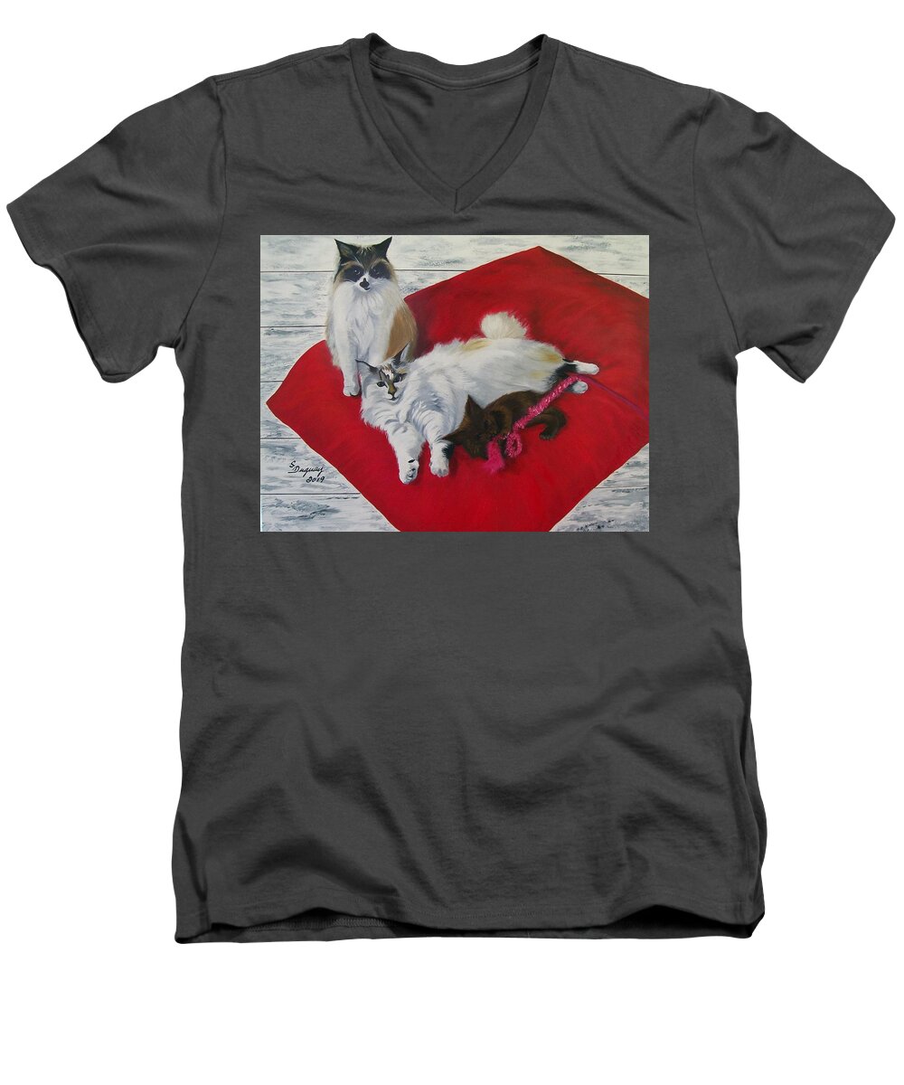 Cats Men's V-Neck T-Shirt featuring the painting My Girl's by Sharon Duguay