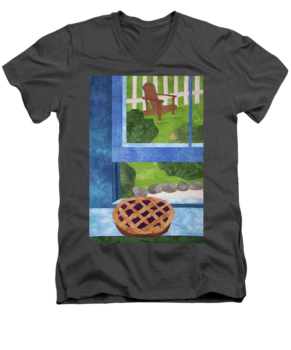 Art Quilt Men's V-Neck T-Shirt featuring the tapestry - textile My Soul in a Blackberry Pie by Pam Geisel