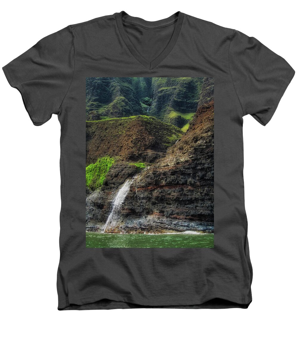 Aerial Men's V-Neck T-Shirt featuring the photograph Na Pali Coast Waterfall by Andy Konieczny