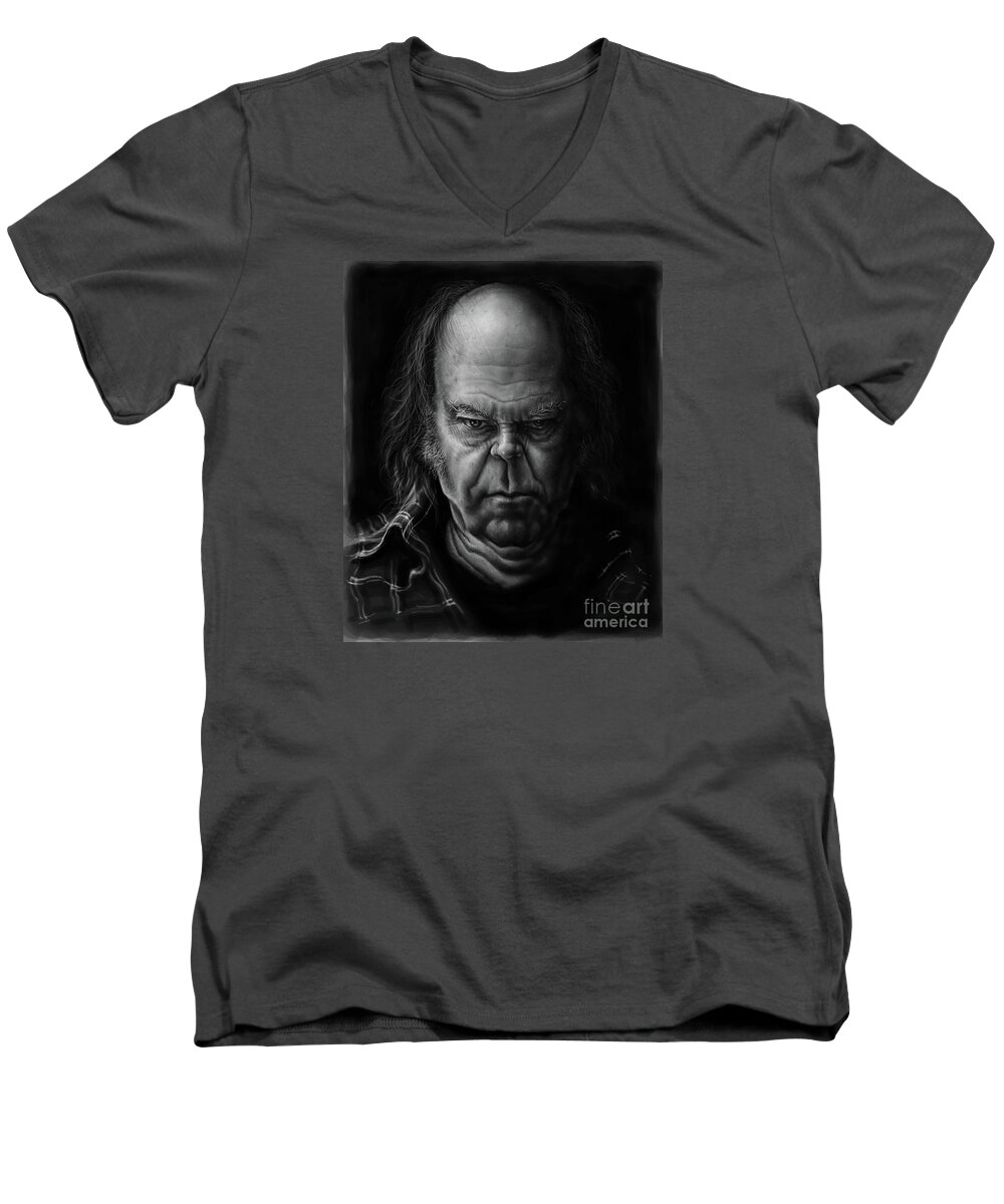 Neil Young Men's V-Neck T-Shirt featuring the digital art Neil Young by Andre Koekemoer