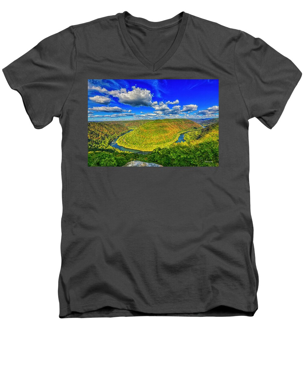 New River Men's V-Neck T-Shirt featuring the photograph New River Bend by Dale R Carlson