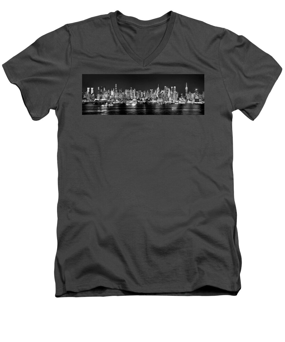 #faatoppicks Men's V-Neck T-Shirt featuring the photograph New York City NYC Skyline Midtown Manhattan at Night Black and White by Jon Holiday